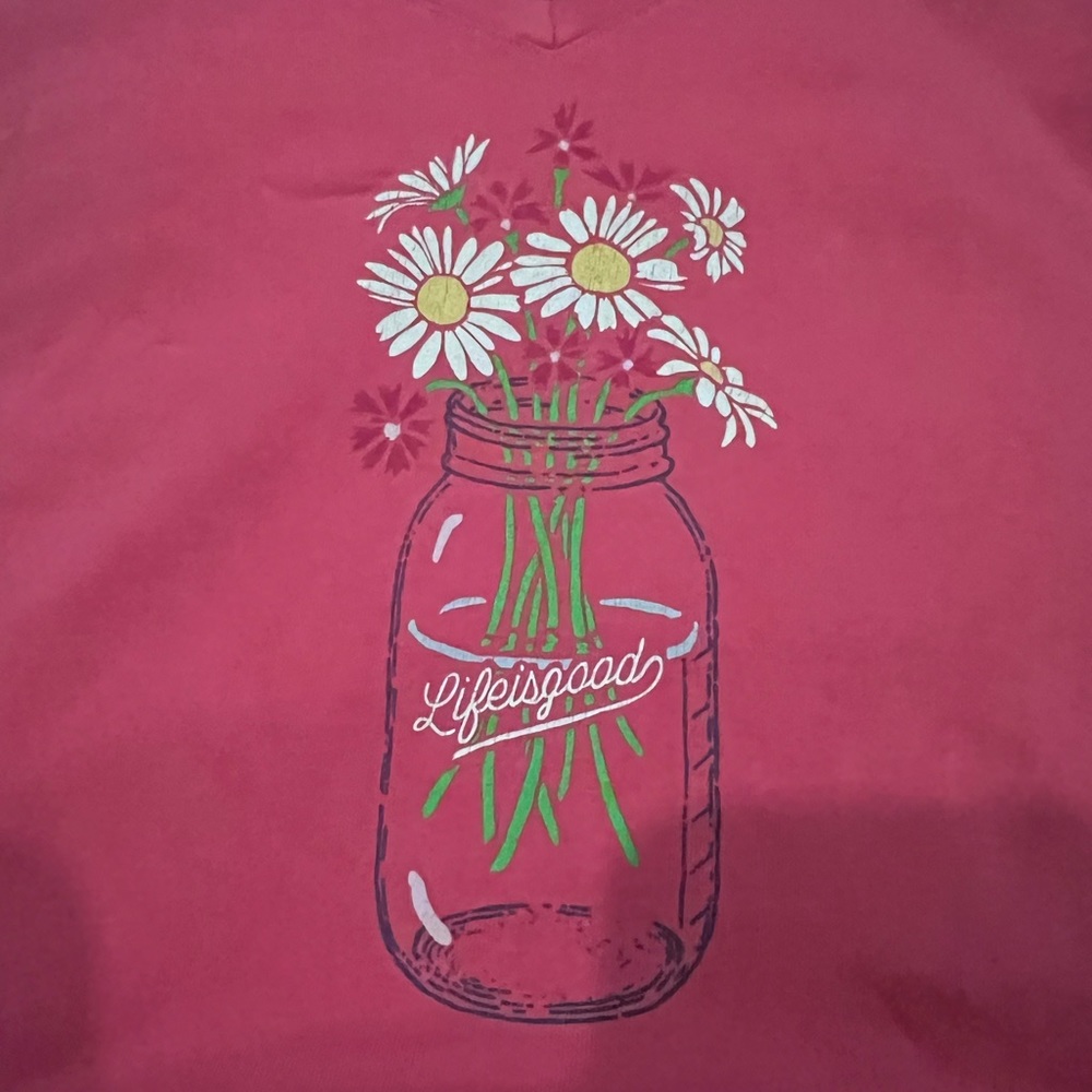Life Is Good v-neck t-shirt, pink with daisies and mason jar. Size XL